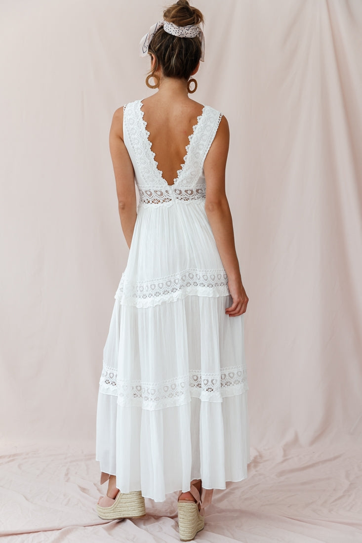 V-Cut White Boho Maxi Dress