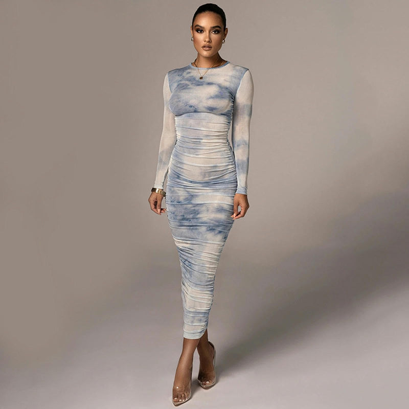 tie dye bodycon maxi dress Long Sleeve Dyed satin corset Made of soft Vegan Leather Dress - Size:25