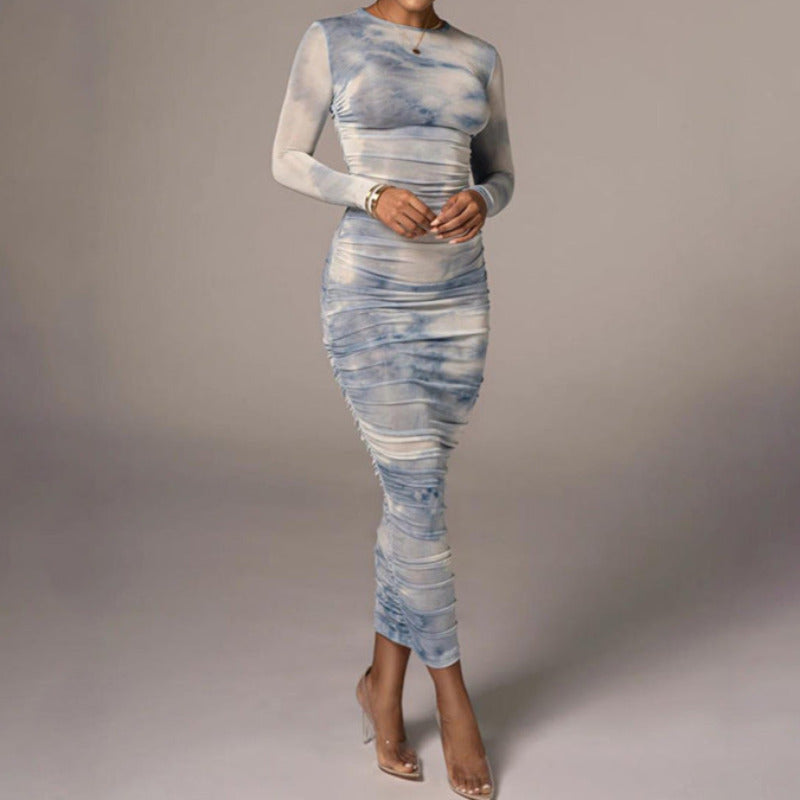long sleeve cotton tie dye dresses Tie-Dye Woven Cotton Crew Neck Balloon Sleeve Maxi Dress