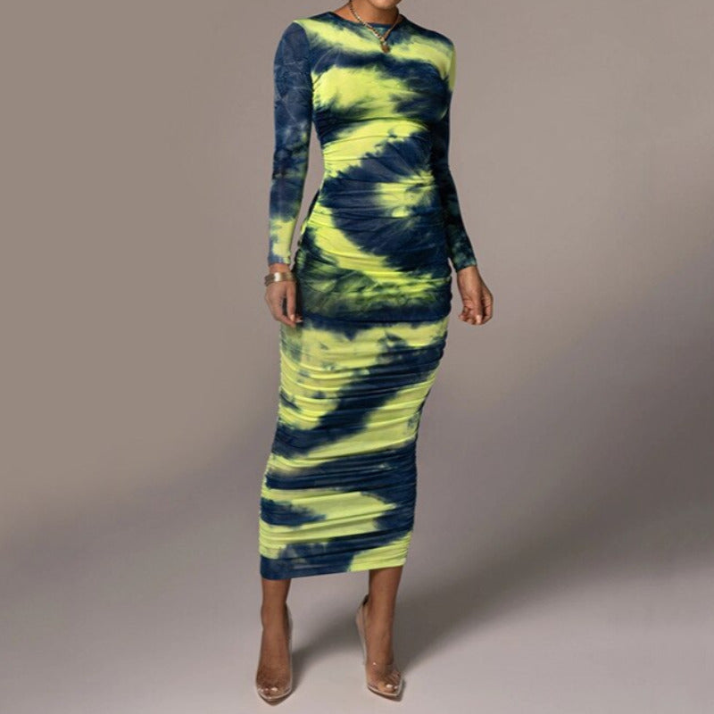 Long Sleeve Tie Dyed Bodycon Maxi Dress Long Sleeve Tie Dyed Bodycon Maxi Dress