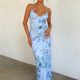 Sleeveless Floral Print V-Neck Slim Maxi Dress Blue