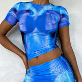 Thermal Print Top and Mini Skirt Matching Set Blue