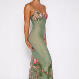 Sleeveless Floral Print V-Neck Slim Maxi Dress Green