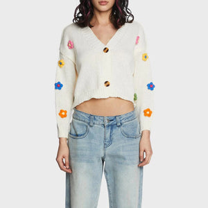 Knit Cochet Floral Cropped Cardigan White