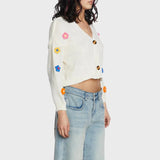 Knit Cochet Floral Cropped Cardigan White