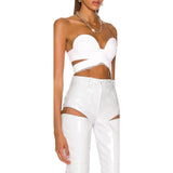 Lace-trim Cross Bandage Top Faux Leather Cut-Out Trousers White