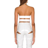 Lace-trim Cross Bandage Top Faux Leather Cut-Out Trousers White
