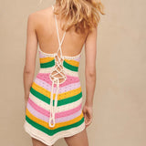 Rainbow Stripe Crochet Halter Mini Dress Multicolor