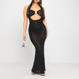 Mesh Embossed Halter Cut Out Detail Maxi Dress Black