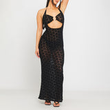 Mesh Embossed Halter Cut Out Detail Maxi Dress Black