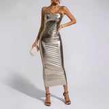 Metallic Ruched Maxi Sheath Dress Gold