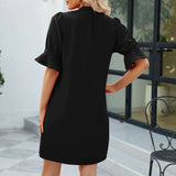 Notched Neck Flounce Sleeve Mini Dress Black