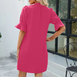 Notched Neck Flounce Sleeve Mini Dress Hot Pink