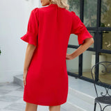 Notched Neck Flounce Sleeve Mini Dress Red