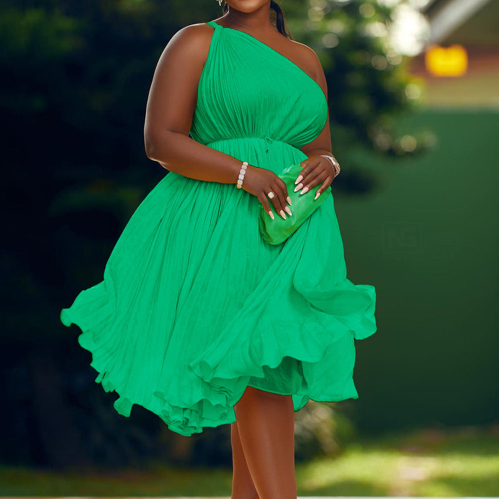 plus size one shoulder ruffle dress Final Sale Plus Size One Shoulder Ruffle Trim Gown with Front Slit in Red