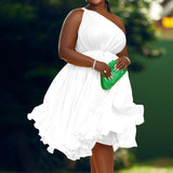 Plus Size One Shoulder Sleeveless Ruffle Pleated Midi Dress White