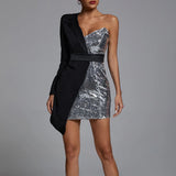 One Shoulder Sequin Blazer Dress Silver