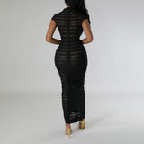 Pleated Knit Bodycon Midi Dress Black
