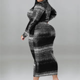 Plus Size Tie Dye Striped Long Sleeve Bodycon Dress Black