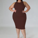 Plus Size Sleeveless Solid Bodycon Midi Dress Brown