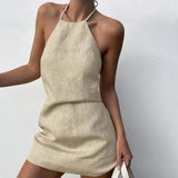 Cotton Linen Backless Mini Halter Dress Khaki