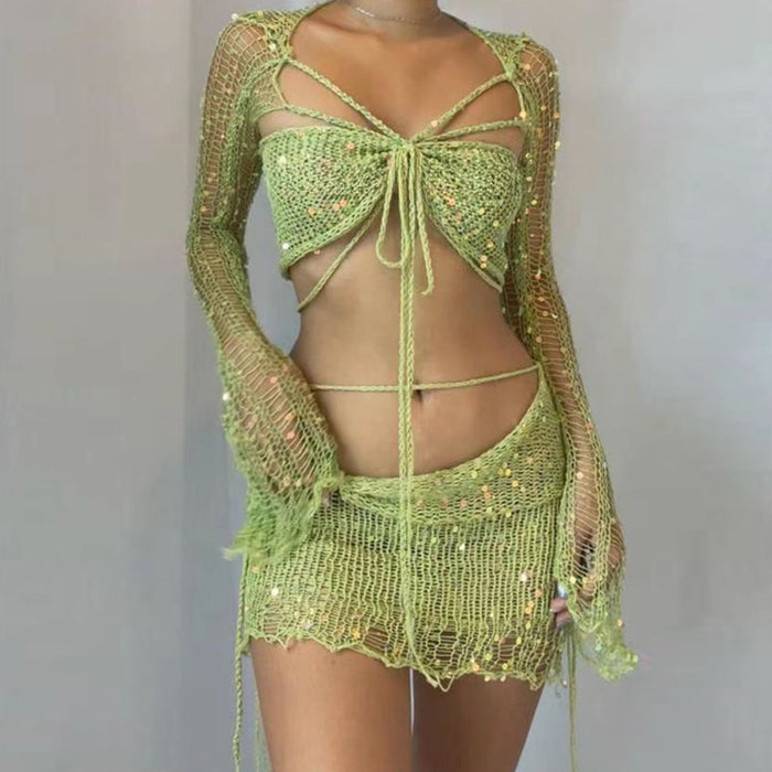 Knitted Sequin Crop Top and Skirt Matching Set Green