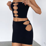 Hollow Out Tube Top And Mini Skirt Matching Set Black