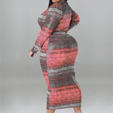 Plus Size Tie Dye Striped Long Sleeve Bodycon Dress Pink