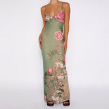 Sleeveless Floral Print V-Neck Slim Maxi Dress Green