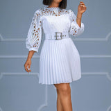 Plus Size Lace Cut Out Pleated Belted Mini Dress White