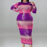 Plus Size Tie Dye Striped Long Sleeve Bodycon Dress Purple