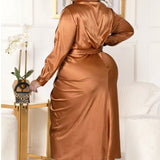 Plus Size Long Sleeve Satin Blouse Ruched Midi Dress Bronze