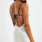 Black Trim Backless Lace-up Sling Maxi Dress White
