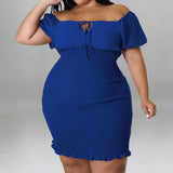 Plus Size Off Shoulder Front Drawstring Midi Dress Blue