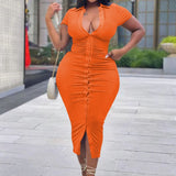 Plus Size Collared Button Down Short Sleeve Midi Dress Orange