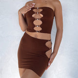 Hollow Out Tube Top And Mini Skirt Matching Set Brown