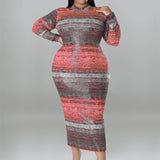 Plus Size Tie Dye Striped Long Sleeve Bodycon Dress Pink