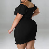 Plus Size Off Shoulder Front Drawstring Midi Dress Black