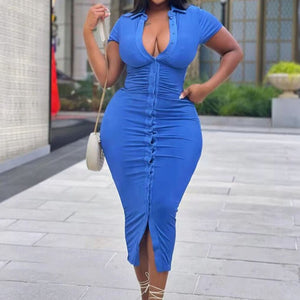 Plus Size Collared Button Down Short Sleeve Midi Dress Blue