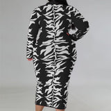 Plus Size Button Down Printed Long Sleeve Maxi Dress Black