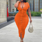 Plus Size Collared Button Down Short Sleeve Midi Dress Orange