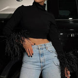 Feathered Long Sleeve Crop Top Black