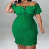 Plus Size Off Shoulder Front Drawstring Midi Dress Green