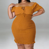 Plus Size Off Shoulder Front Drawstring Midi Dress Mustard