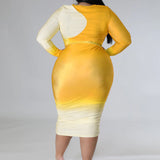 Plus Size Long Sleeve Two Tone Bodycon Midi Dress Yellow