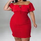 Plus Size Off Shoulder Front Drawstring Midi Dress Red