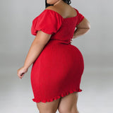 Plus Size Off Shoulder Front Drawstring Midi Dress Red