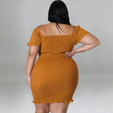 Plus Size Off Shoulder Front Drawstring Midi Dress Mustard