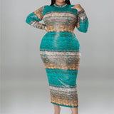 Plus Size Tie Dye Striped Long Sleeve Bodycon Dress Teal