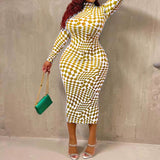 Plus Size Mock Neck Long Sleeve Checkered Midi Dress Yellow